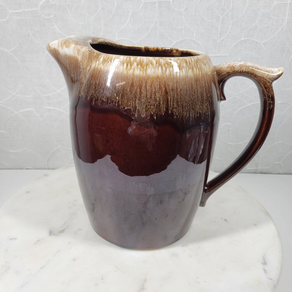 VTG McCoy Pottery Iced Tea Pitcher 8" Tall Brown Drip Ombre Glaze Ice Lip USA‎